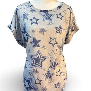 New Direction L Star Print Dolman Sleeve Top Gray Blue Graphic Casual Soft Scoop